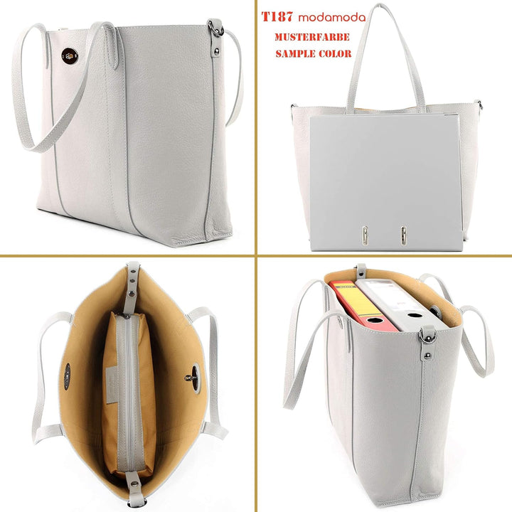 modamoda de - T187 - ital. Shopper DIN A4 Leder Damentasche mit Innentasche Signalrot, Signalrot