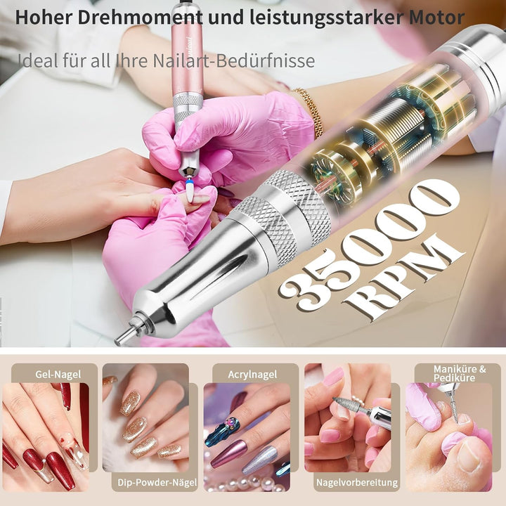 Nagelfräser, Wiederaufladbare Professionelle Elektrische Nagelfeile 35000 U/min, Nagelfräser mit akk