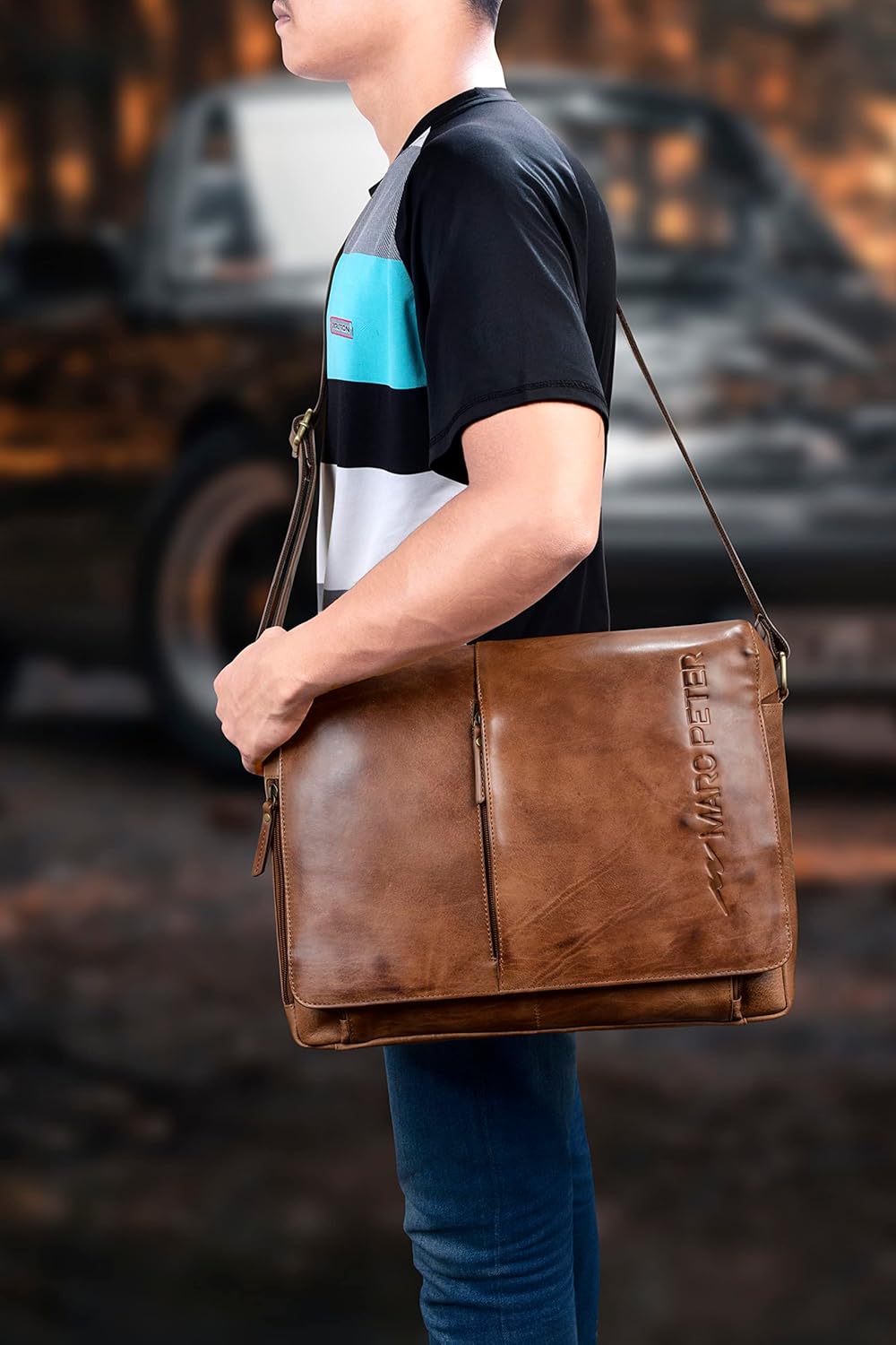 Marc Peter® Bergen leder Umhängetasche für Herren Damen | 15.6 Zoll Laptoptasche | Aktentasche aus e