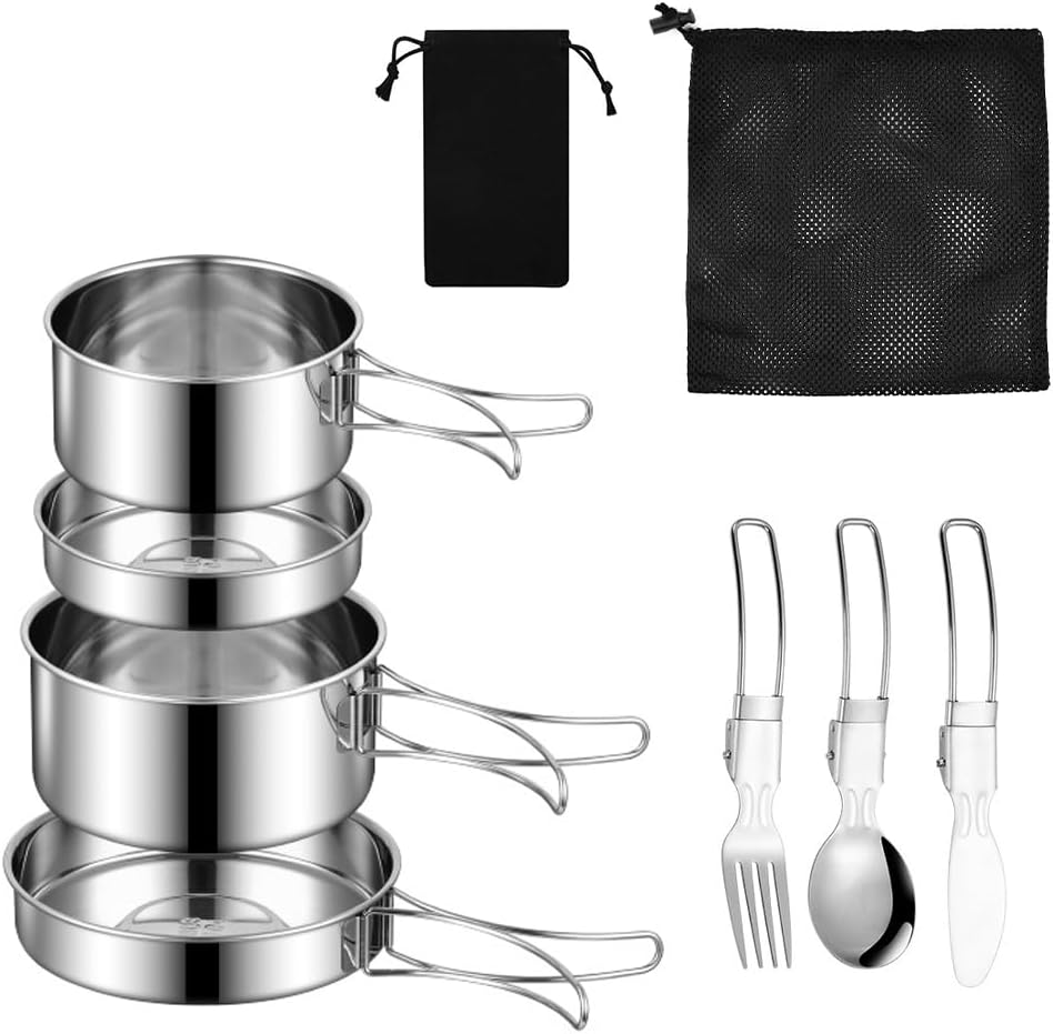 SLTAXAR Camping Kochgeschirr Set Edelstahl Kochtopf mit Pfanne Outdoor Kochgeschirr Picknick Topf 2-