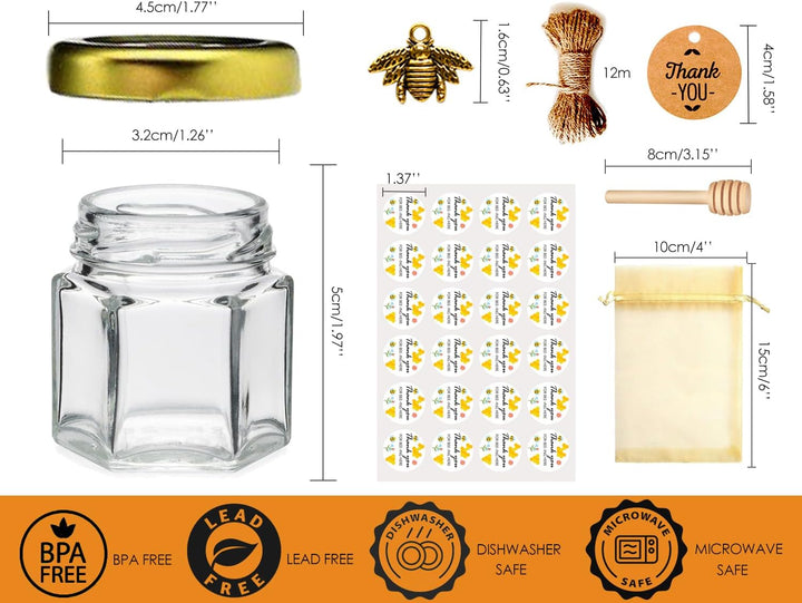 Ahhute 60-Pack Mini Honiggläser mit Dipper Honigtopf mit Golddeckel, Bienen Anhänger, Jutes, Geschen