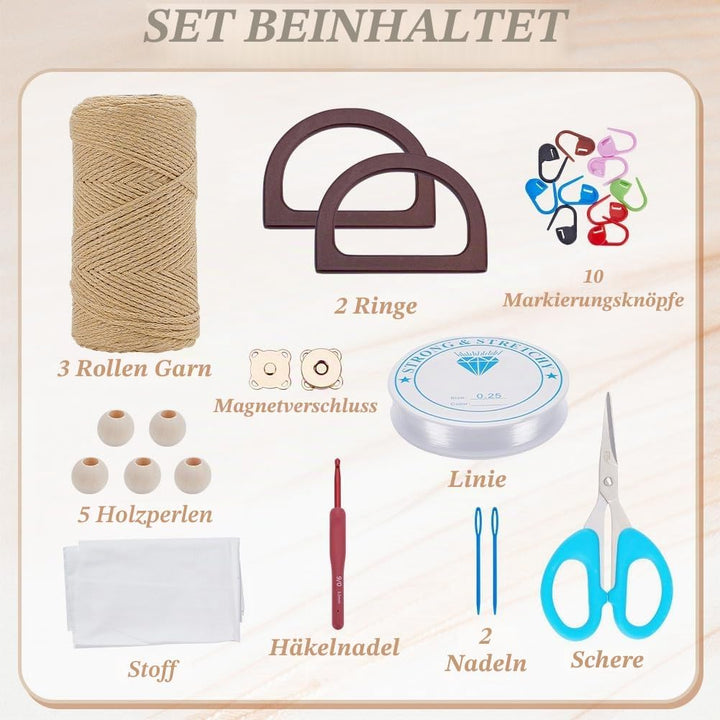 INFUNLY DIY Häkeltaschen Set für Anfänger Erwachsene Khaki Tasche Häkelset mit Schritt für Schritt V