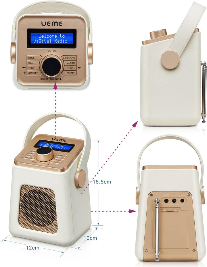 UEME Mini DAB+ DAB Digitalradio und UKW Radio mit Bluetooth Lautsprecher, Radiowecker, und Leder Ver