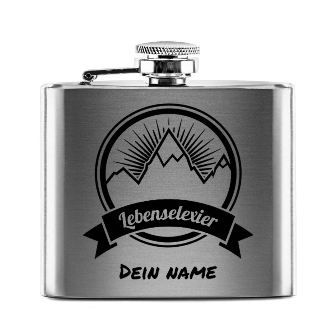 Flachmann mit Gravur aus Edelstahl selbst gestalten - Lebenselexier - mit Name gravieren - Geschenk