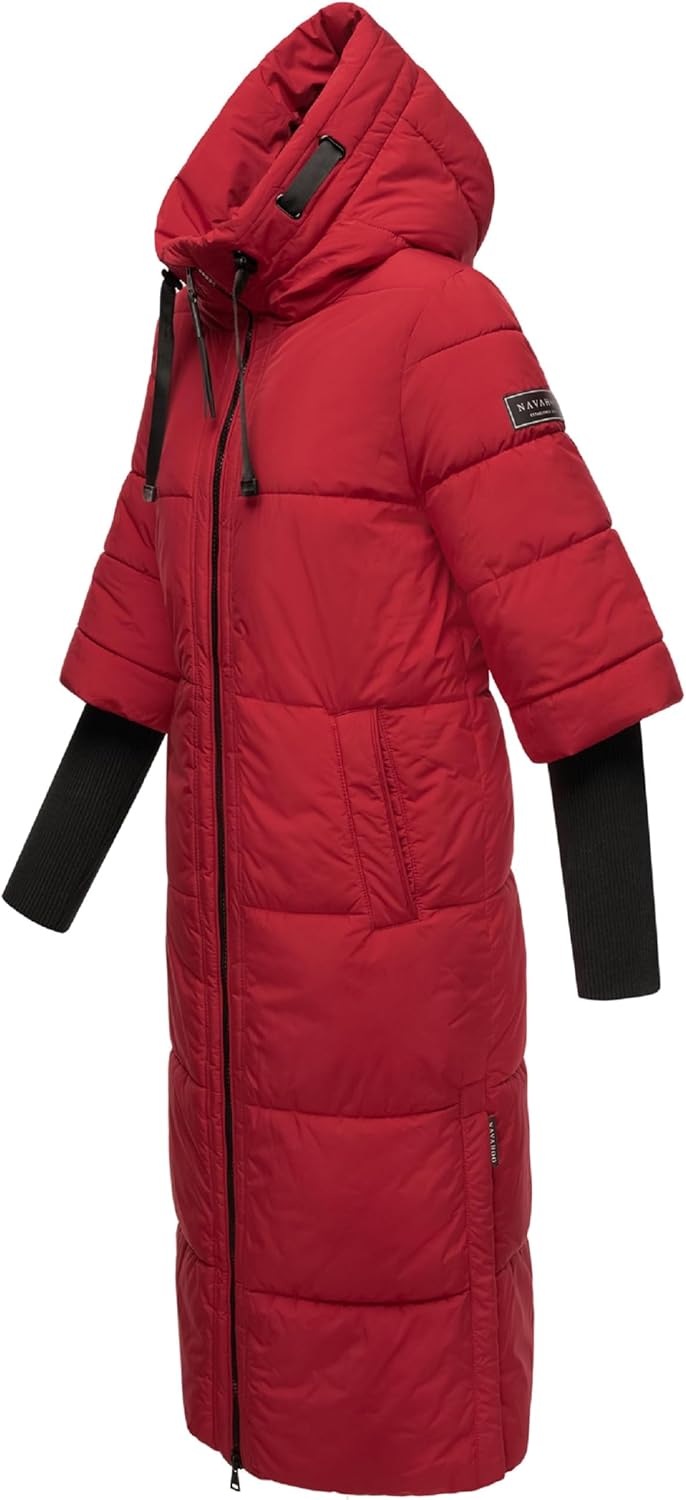 Navahoo Damen Wintermantel Warmer Steppmantel lang mit Kapuze und Rippstrickärmeln Ciao MIAU XIV XS-