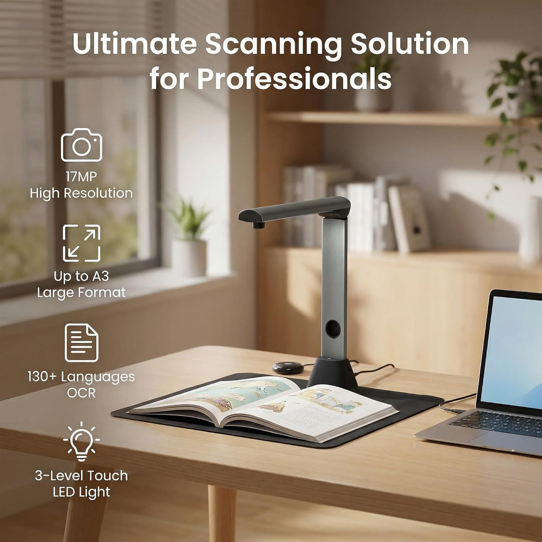 Scanner Dokumentenscanner A3 Scanner: 17 MP mit OCR für 130 Sprachen USB Dokumentenkamera mit 4 LED
