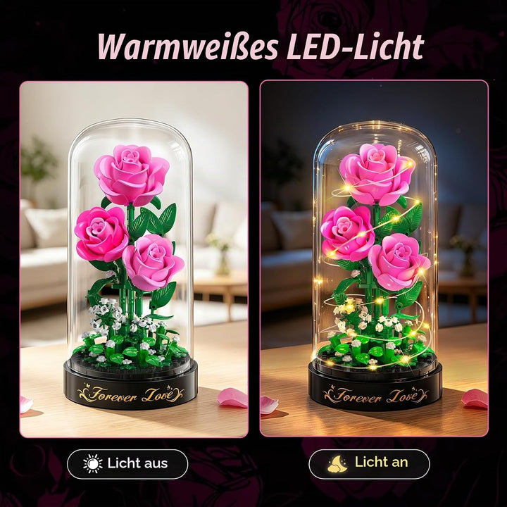 HiWEEGO Rosa Rosen Blumenstrauss Bauset mit LED Licht für Ehefrau Erwachsene | 3,6 MM Rosenstrauss m
