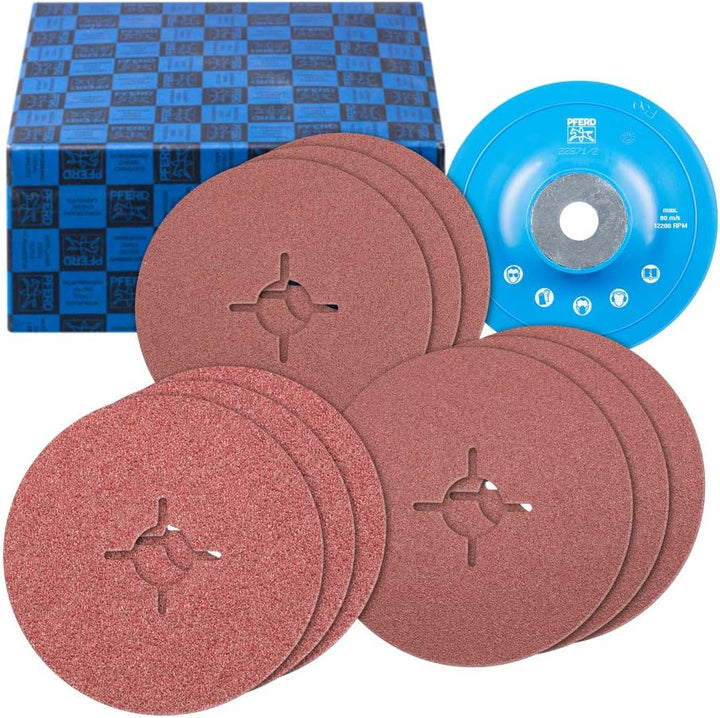PFERD Fiberscheiben-Set, 10-tlg. | Korund Ø125mm A36, 60, 80 mit GT-Stützteller | 64198001 – Univers