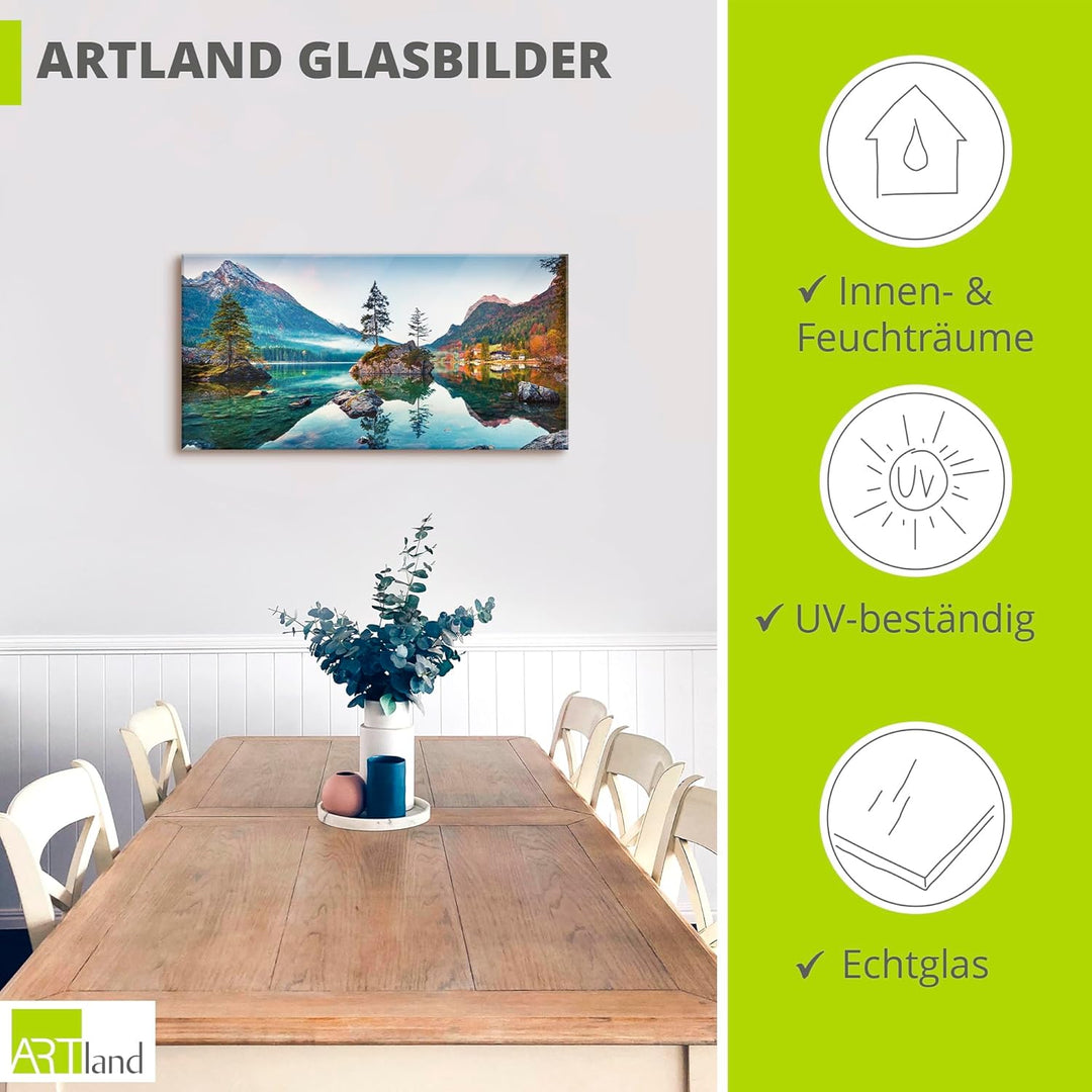 Glasbilder Wandbild Glas Bild einteilig 100x50 cm Querformat Landschaft Alpen Berge See Wald Natur G