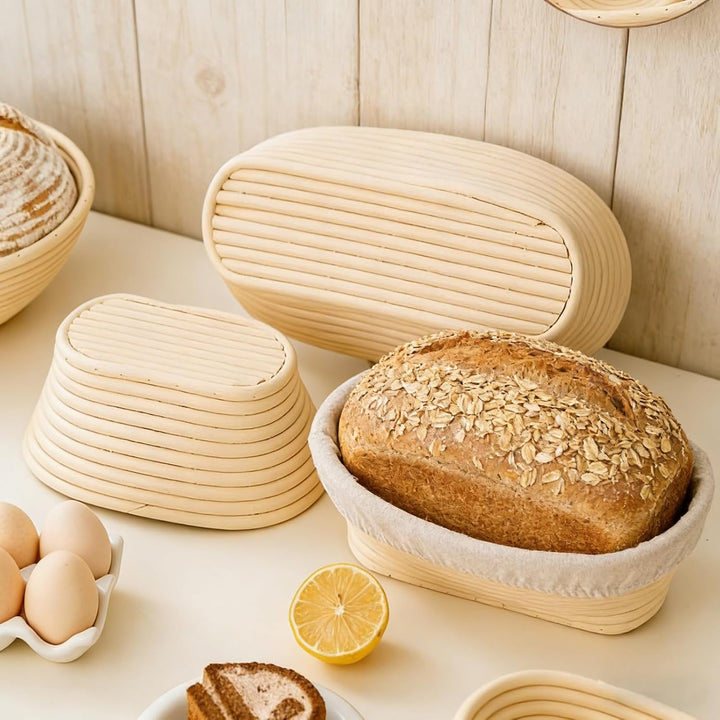 2 Stück Gärkörbchen Oval mit 4 Stoffbezug: 25 cm Durchmesser Banneton Brotgärkörbe mit Abnehmbarer S