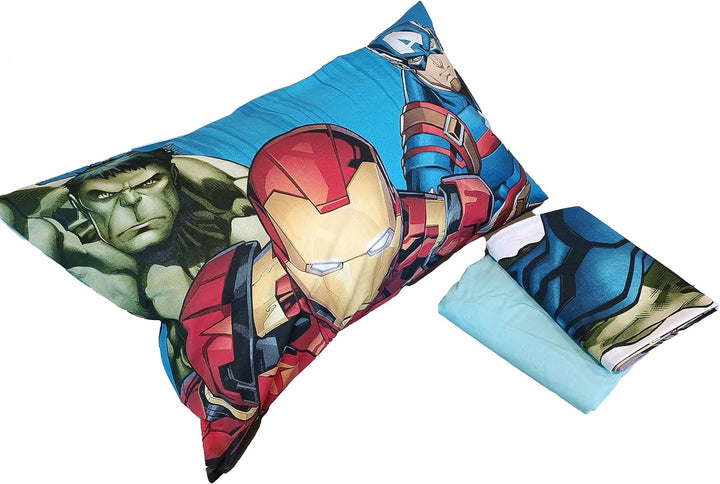 Avengers, Bettlaken für Einzelbett, Spannbettlaken, Kissenbezug, Blau, Marvel, Disney, 100% Baumwoll