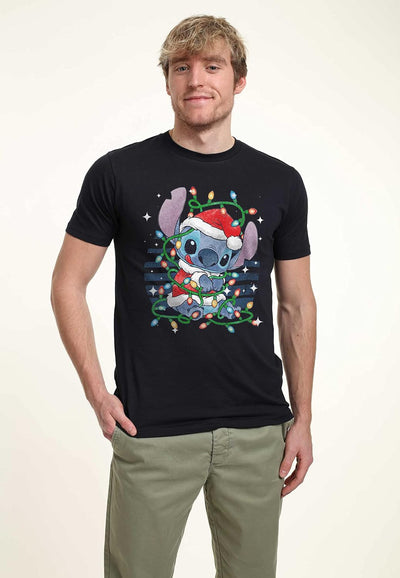 Disney Classics Unisex Lilo & Stitch-Stitch Xmas Lights Organic Short Sleeve T-Shirt, Navy Blue, XL