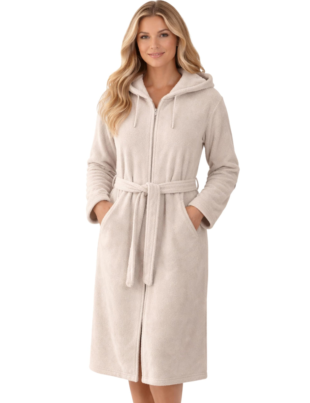 Morgenstern Bademantel Damen Reissverschluss Kapuze Frottee Velours Patrizia S Beige, S Beige