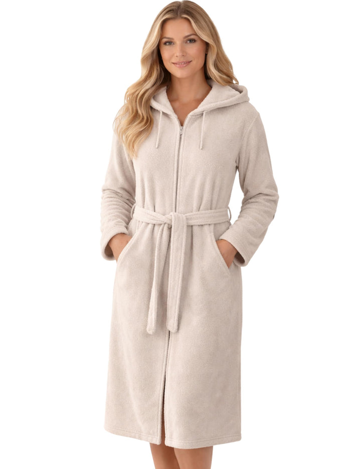 Morgenstern Bademantel Damen Reissverschluss Kapuze Frottee Velours Patrizia S Beige, S Beige