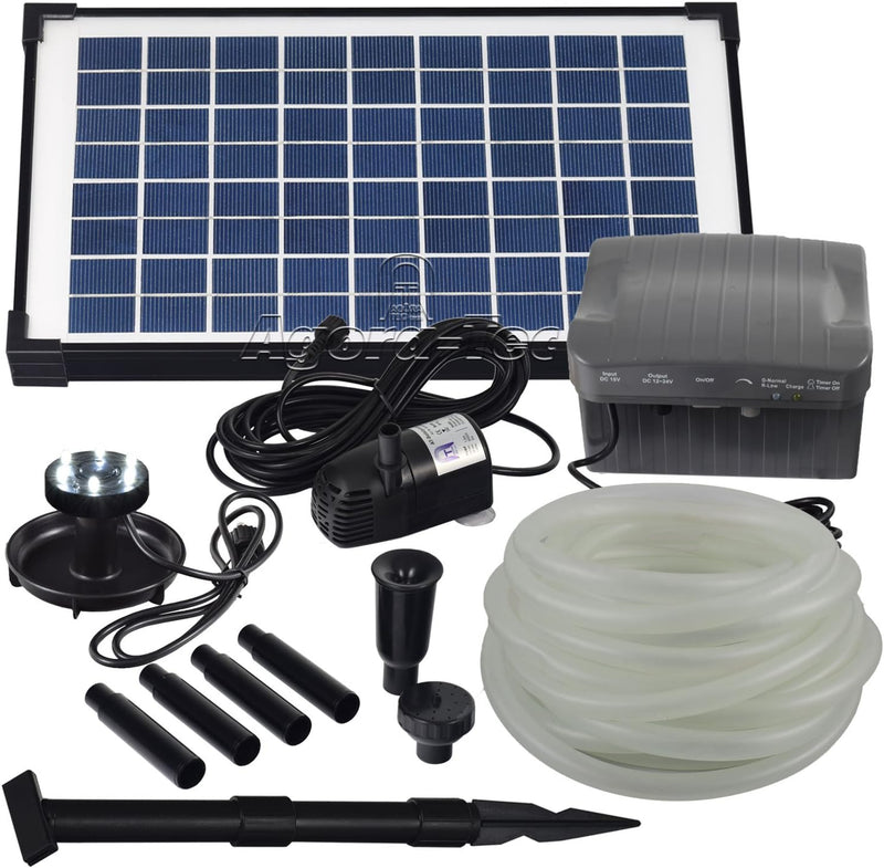 Agora-Tec® at-Solar Bachlaufpumpen - Set 10W-BLH mit Akku und 6- Fach LED Ring inklusive 9 Meter Bac