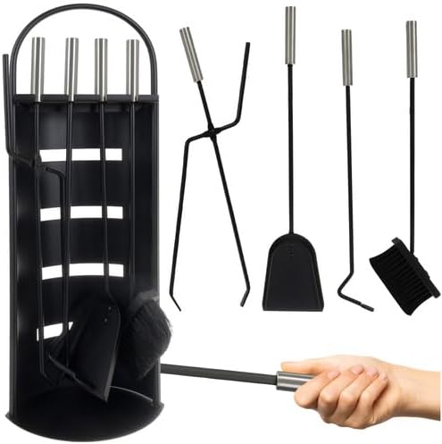 Kaminbesteck Kaminzubehör Set Kaminwerkzeug Ofenbesteck Schwarz 5-in-1-Set mit Besen, Schaufel, Eise