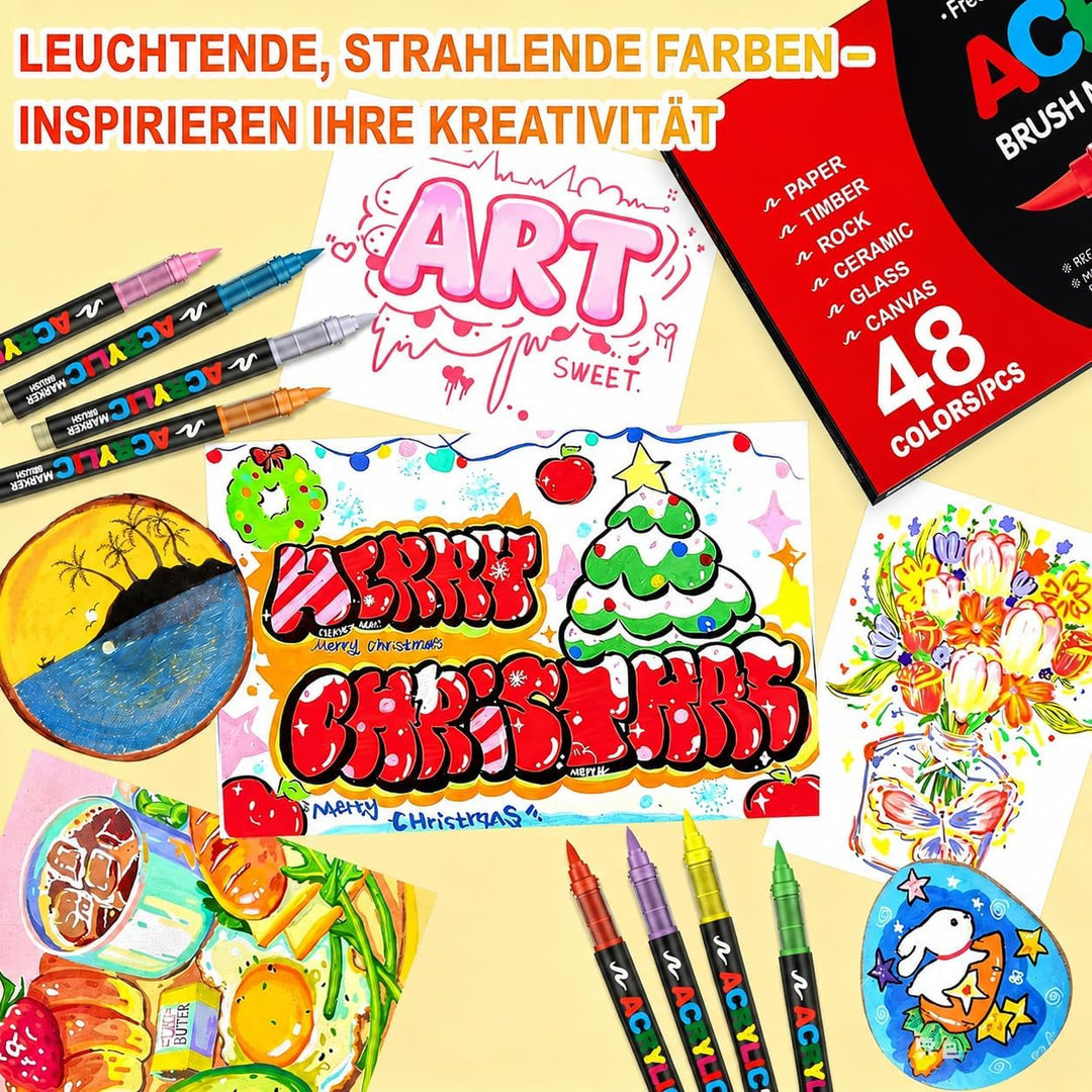 Laconile 48 Farben Acrylstifte für Steine Wasserfest, Brush Tip Acrylic Pens Set, Schnelltrocknend u