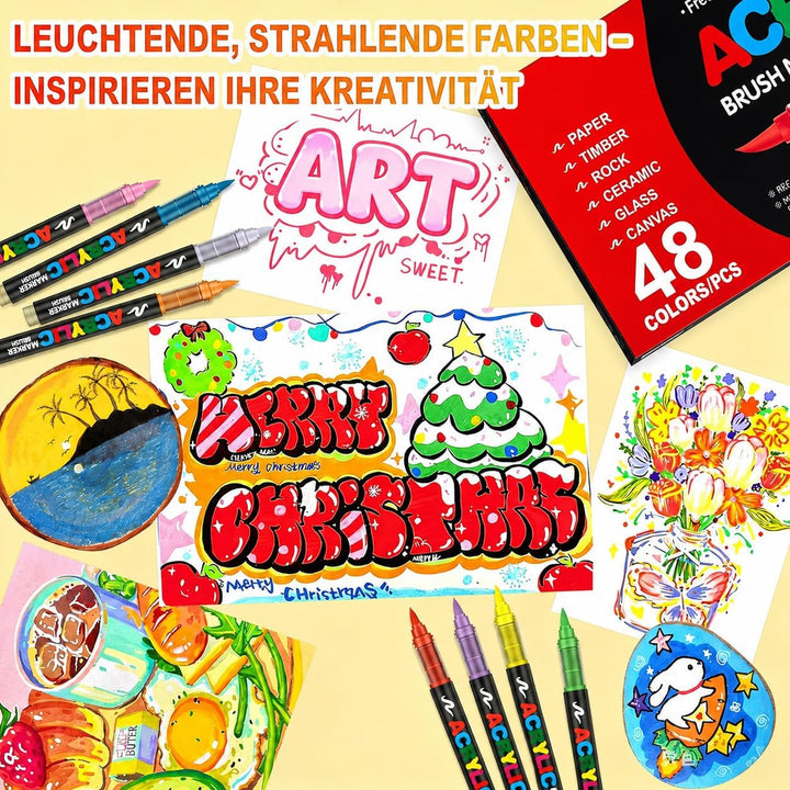 Laconile 48 Farben Acrylstifte für Steine Wasserfest, Brush Tip Acrylic Pens Set, Schnelltrocknend u