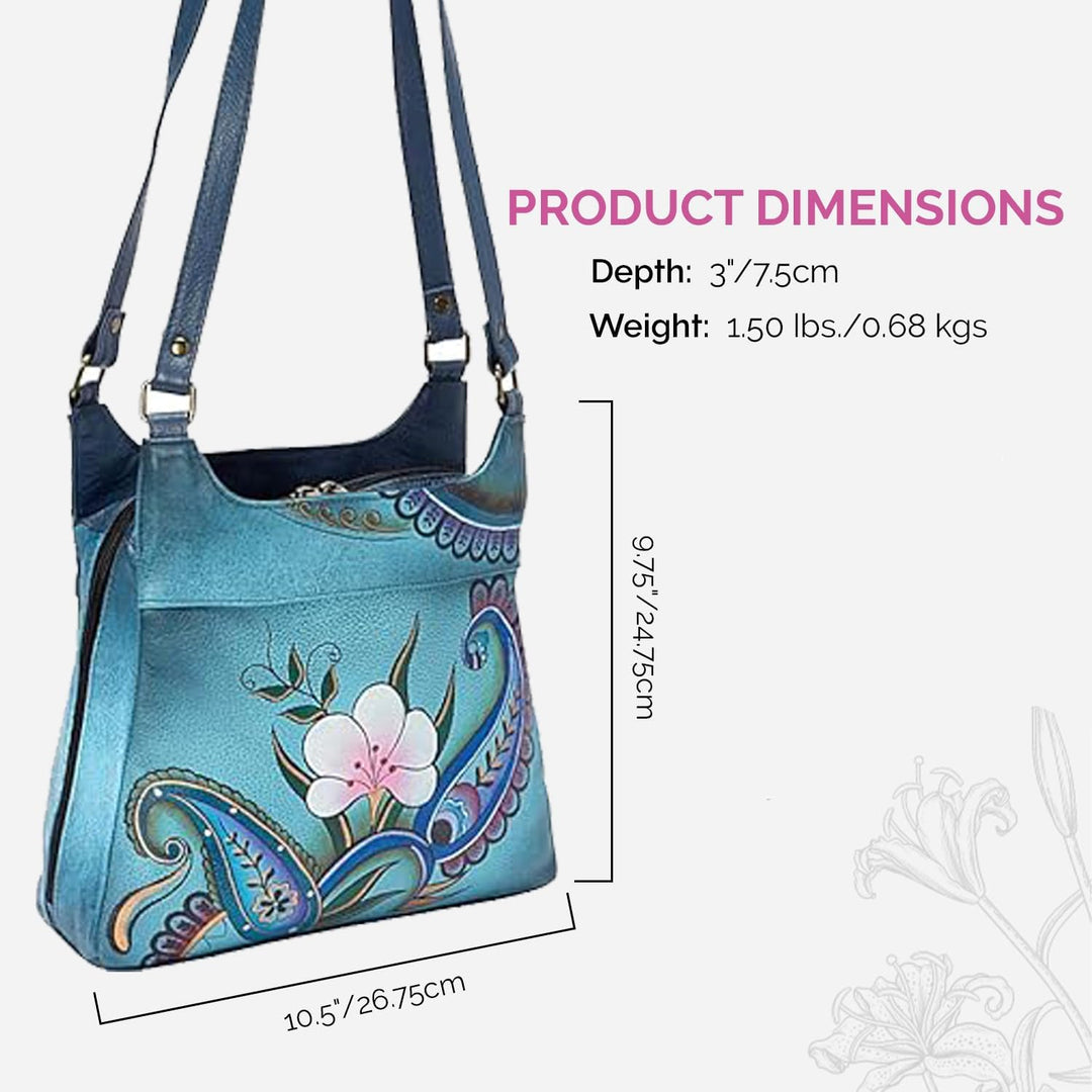 Anna by Anuschka Handbemaltes Original-Kunstwerk, echtes Leder – Tasche mit drei Fächern Denim Paisl