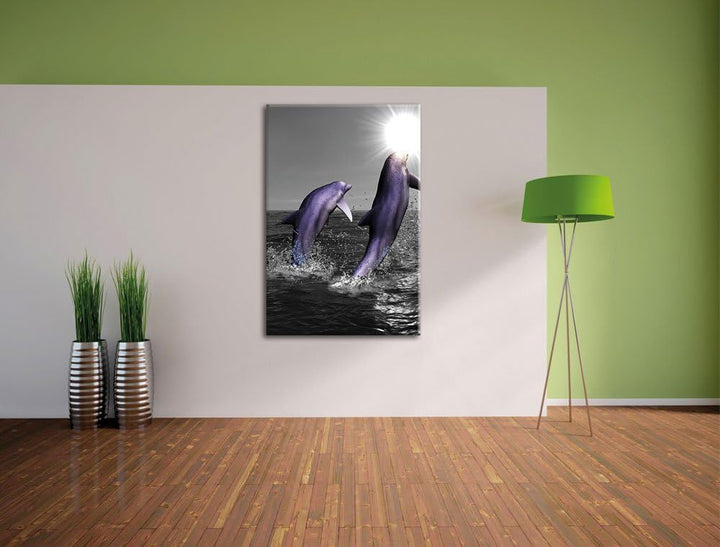 Fröhliche Delfine springen im Meer als Leinwandbild/Grösse: 100x70 cm/Wandbild/Kunstdruck/fertig bes
