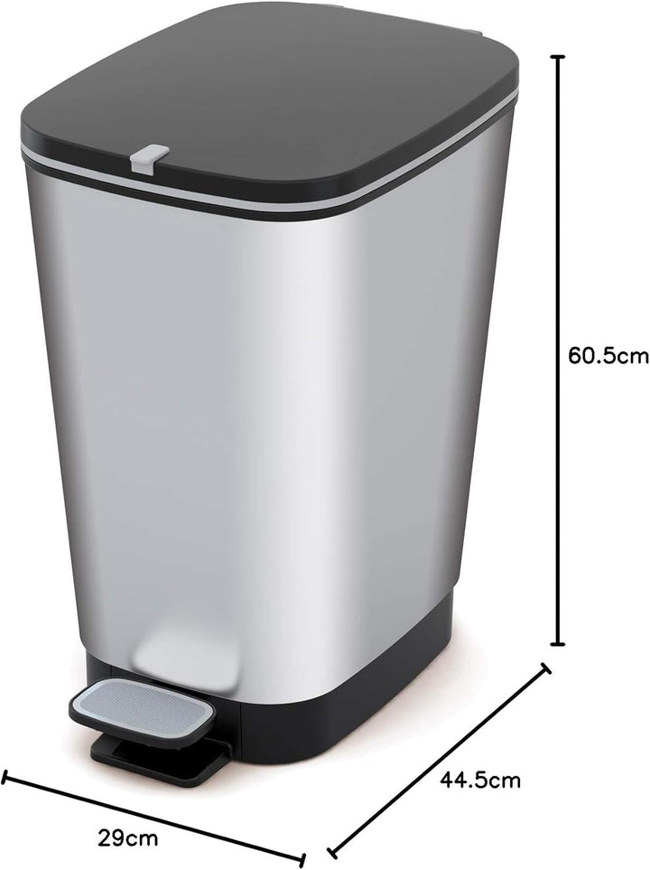 CURVER KIS Chic Bin Style Treteimer 45l mit Deckel und Pedal, Müllbeutelaufhängung, Silber metallic,