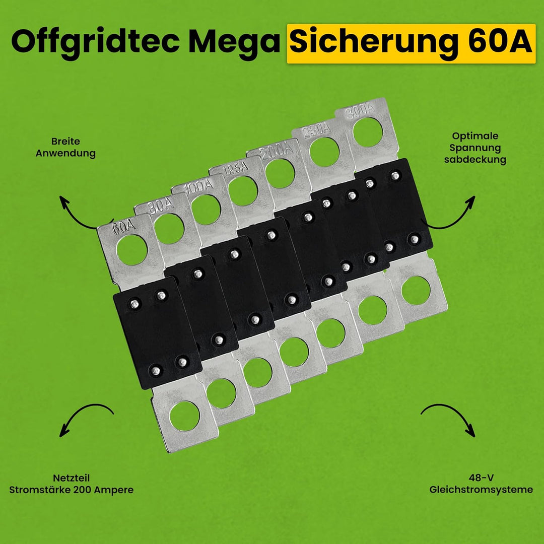 Offgridtec 60A MEGA Sicherung Set für 48V DC Systeme, Hochstrom-Streifen-Sicherungen mit Kupferansch