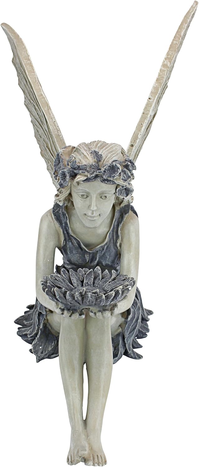 Design Toscano Die Sonnenblumenfee Gartenstatue Vogeltränke, Polyresin, stein, 51 cm, Sonnenblumen