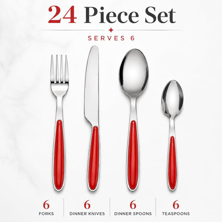 EXZACT Rostfrei Stahl Besteck Set einem Plastikhalter 24 PCS - Farbige Griffe - 6 Gabeln, 6 Messer,