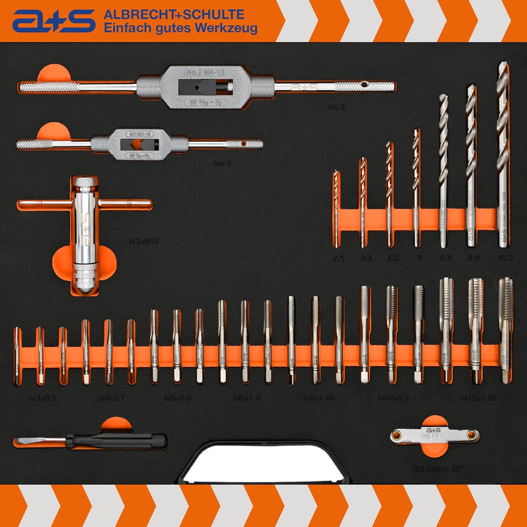 a+s HSS-G Gewindeschneider Set | M3 bis M12 | 45-teilig | Gewindebohrer & Schneideisen | Spiralbohre