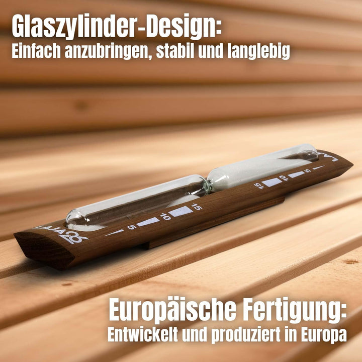 LaJa26 Sauna Sanduhr "Konvex" weisser Sand - FSC Espenholz - Drehgestell aus Holz zur Montage an der