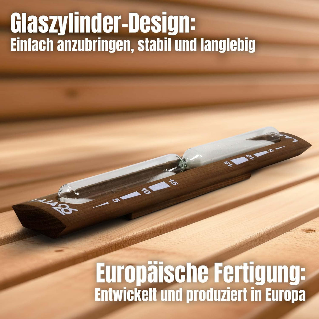 LaJa26 Sauna Sanduhr "Konkav" weisser Sand - FSC Espenholz - Drehgestell aus Holz zur Montage an der