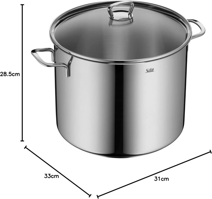Silit Gemüse- Suppentopf Induktion 28cm, Glasdeckel, Topf hoch 12l, Edelstahl poliert, unbeschichtet