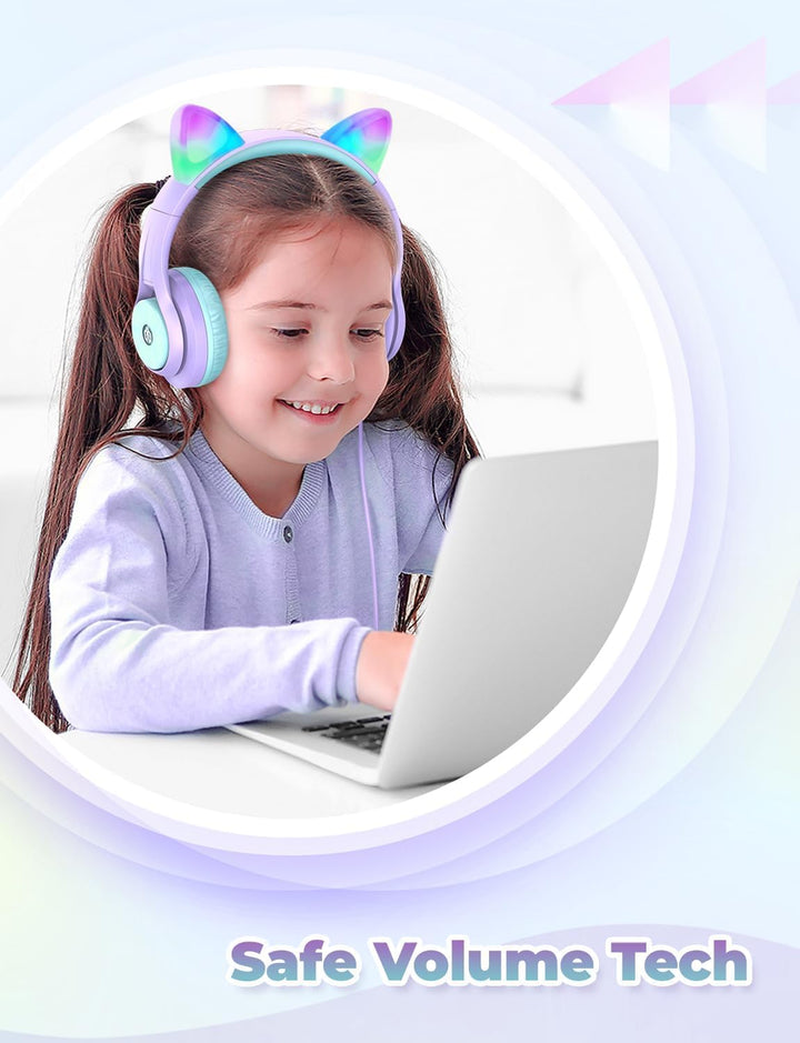 iClever Kinder Kopfhörer, Katzenohr-LED-Leuchte Over-Ear mit 85dBA Lautstärkebegrenzung Faltbare HD