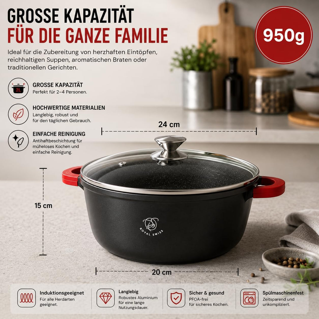 Royal Swiss Kochtopf, Schwarz, 2 l, Marmorbeschichtung, Glasdeckel, geeignet für Induktion & Ofen, A