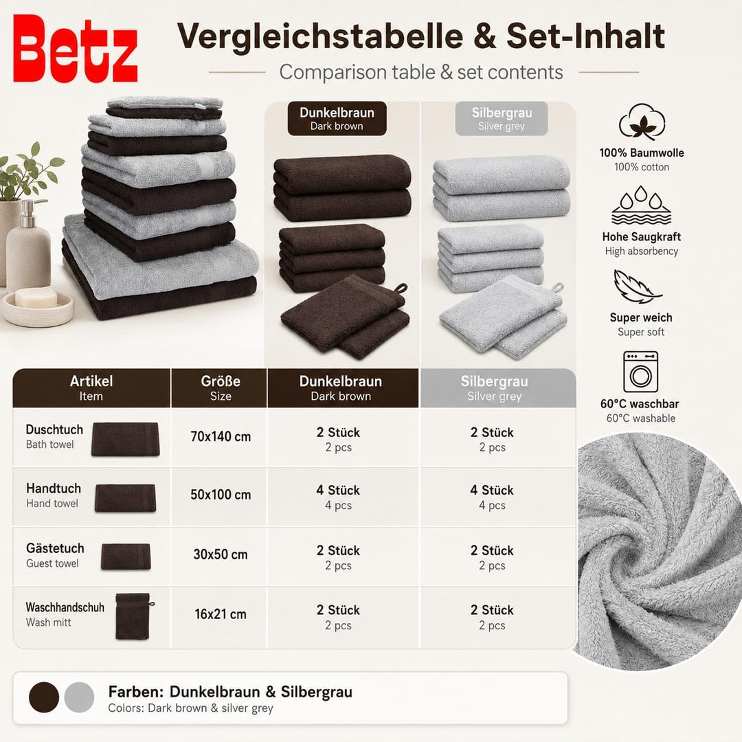 Betz 10-TLG. Handtuch-Set Premium 100% Baumwolle 2 Duschtücher 4 Handtücher 2 Gästetücher 2 Waschhan