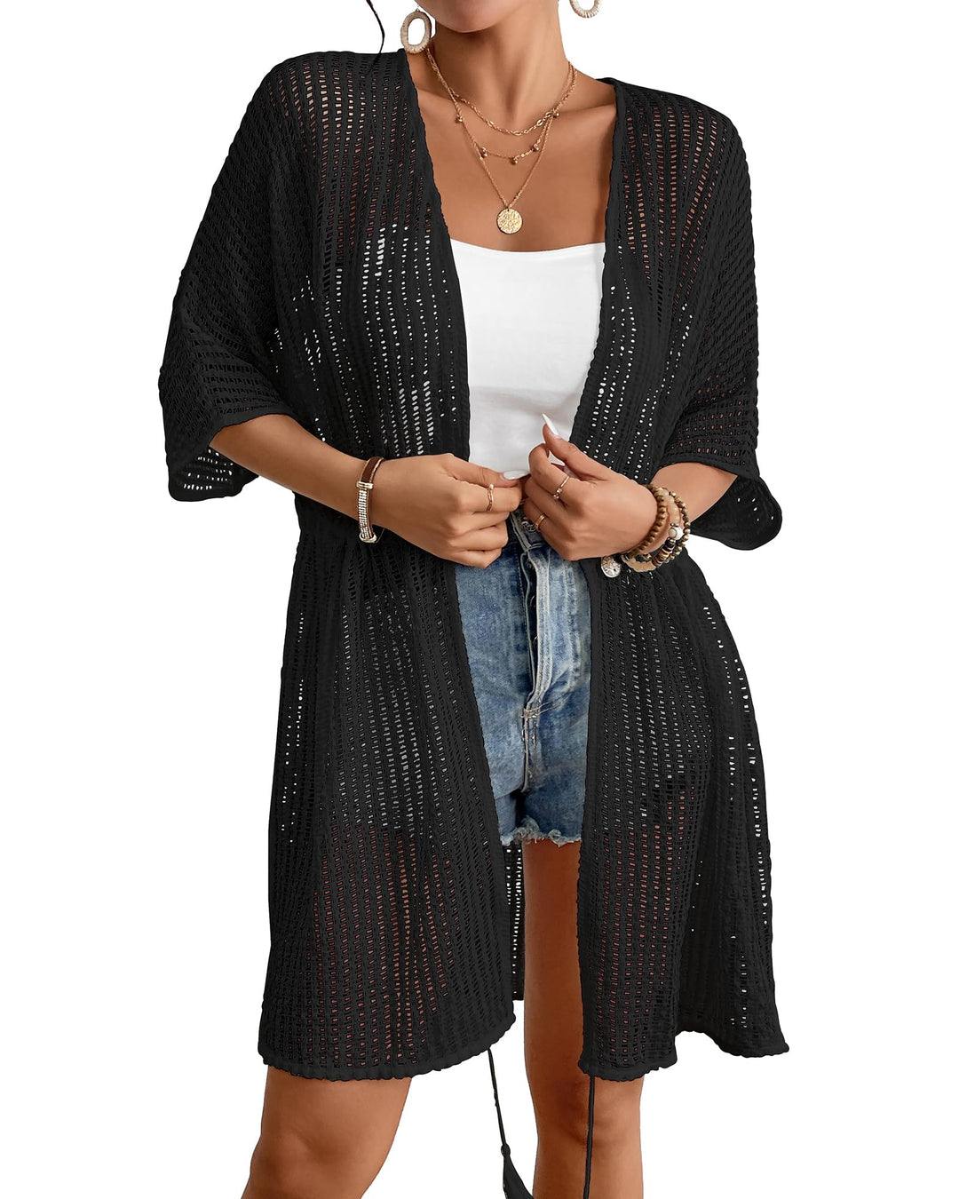 Bsubseach Damen Sexy Lace Crochet Open Front Badeanzug Strand Lange Kimono Cover Ups Z-Schwarz, Z-Sc