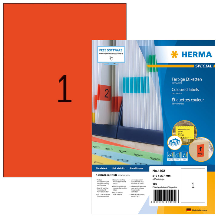HERMA 4402 Farbige Etiketten rot, 100 Blatt, 210 x 297 mm, 1 Stück pro A4 Bogen, 100 Aufkleber, selb