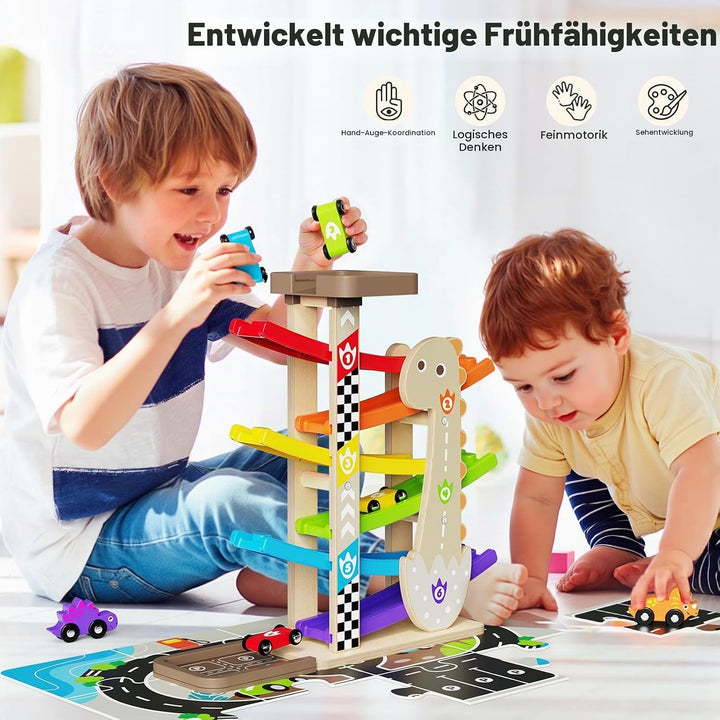 6X Kugelbahn Autorennbahn Holz ab 1+ Jahr Auto Rennbahn mit 6 Fahrzeuge Montessori Spielzeug Kinders
