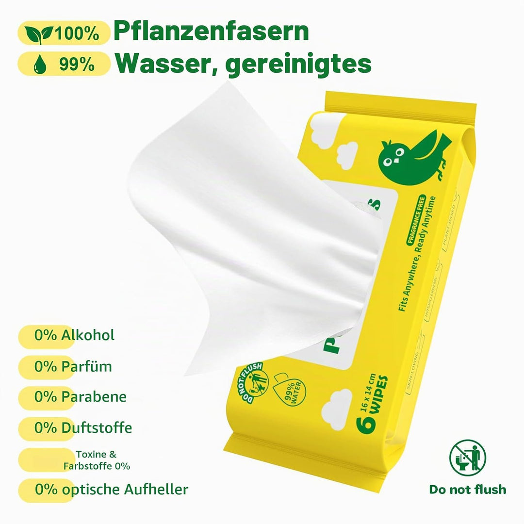 Mini Reise Feuchttücher – Baby Feuchttücher Reisegrösse, 99% Wasser, unparfümiert &amp; hypoallergen, fü