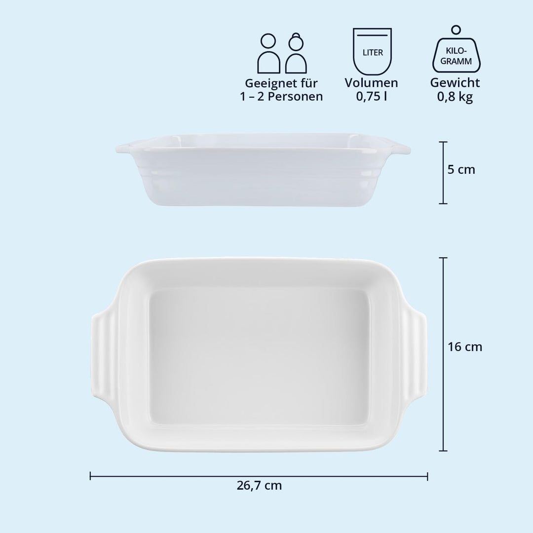 KHG Auflaufform mittelgross 26 cm, Kapazität 0,75 Liter in Weiss für 1-2 Personen, Ofenform aus Kera