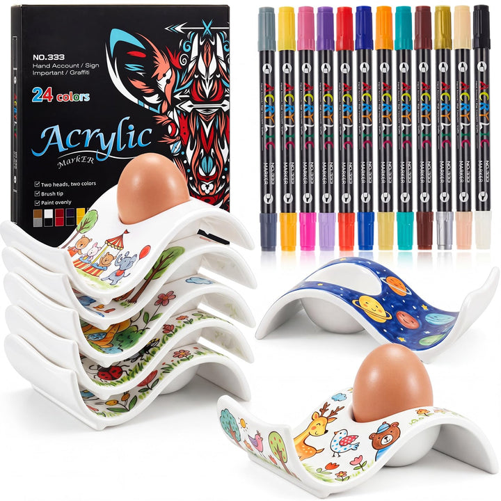 Sinmoe 6er Eierbecher Selber Bemalen Set Porzellan EierStänder mit Ablag Weiss Ostergeschenke Eierbe