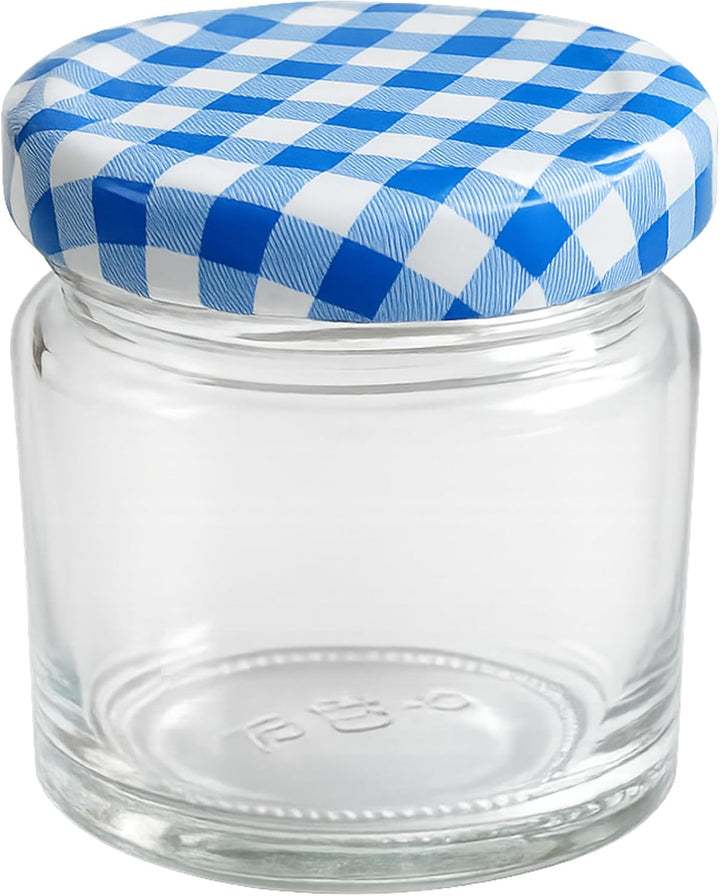 Vitrea 100x Mini Marmeladengläser 50 ml - mit Deckel Blau Kariert TO 43 - kleine Einmachgläser zum b