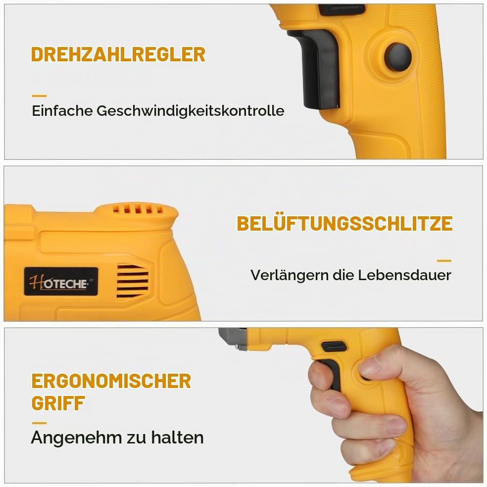 Hoteche 420W Elektrische Bohrmaschine, 0-4500 U/min, 10mm Metall/15mm Holz, 220-240V, 50/60Hz, mit K