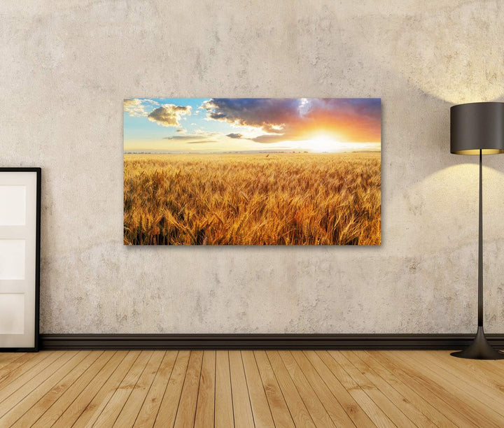 Bild Bilder auf Leinwand Sonnenuntergang über dem Weizenfeld Wandbild Poster Leinwandbild RBI 100x57