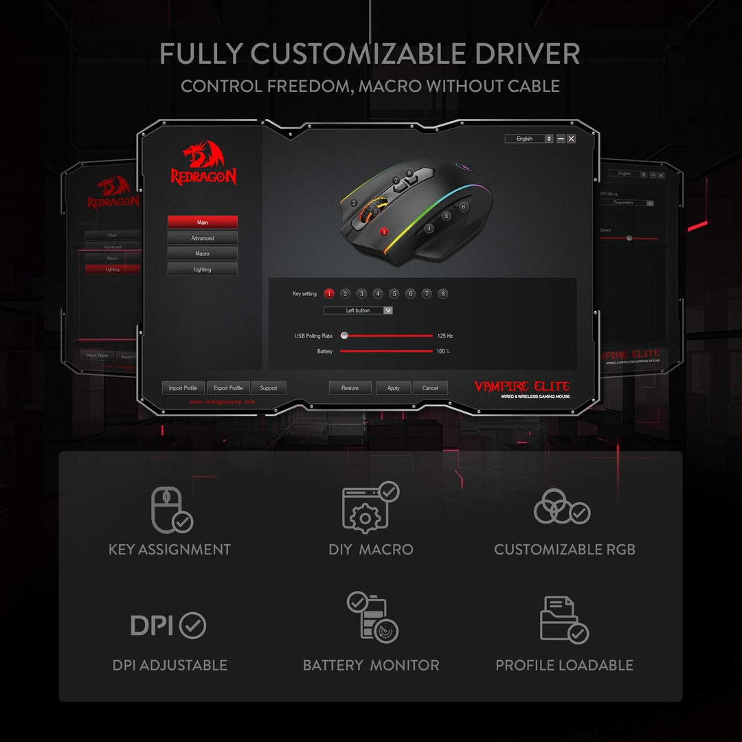 Redragon M686 Vampire Elite Kabellose Gaming Maus, 16000 DPI Kabelgebunde/Kabellose Maus mit Profess
