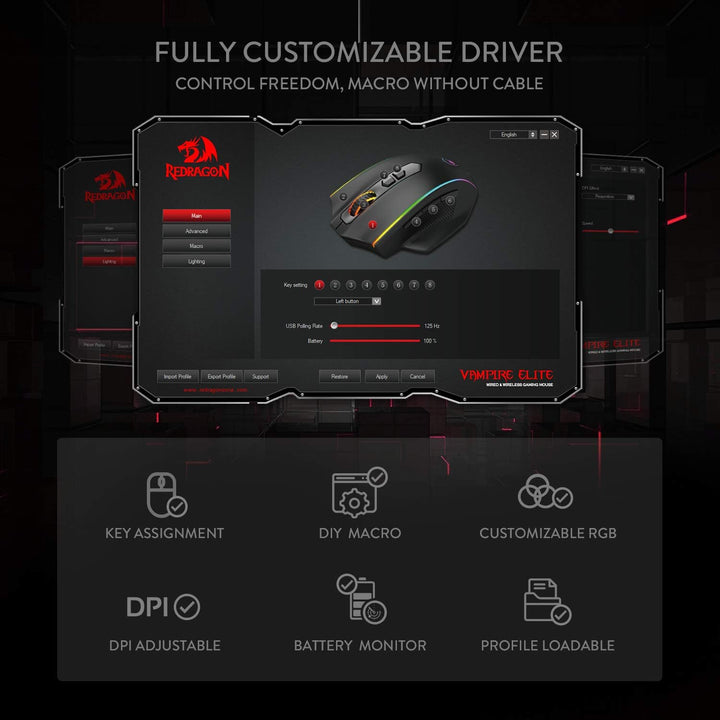 Redragon M686 Vampire Elite Kabellose Gaming Maus, 16000 DPI Kabelgebunde/Kabellose Maus mit Profess
