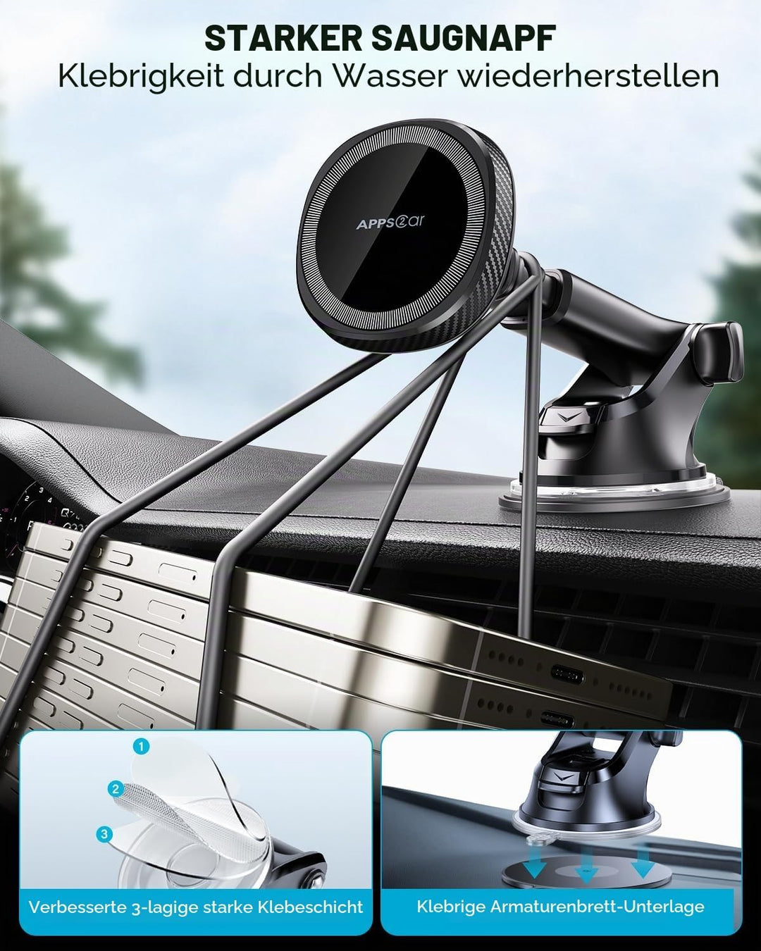 APPS2Car 3-in-1 Handyhalterung Auto Magsafe,360° Drehbar Ausziehbarer Magnetisch Autohalterung Car P