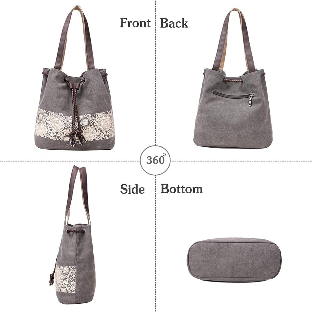 PORRASSO Damen Schultertasche Canvas Tote Umhängentasche Retro Kordelzug Beuteltasche Frauen Shopper