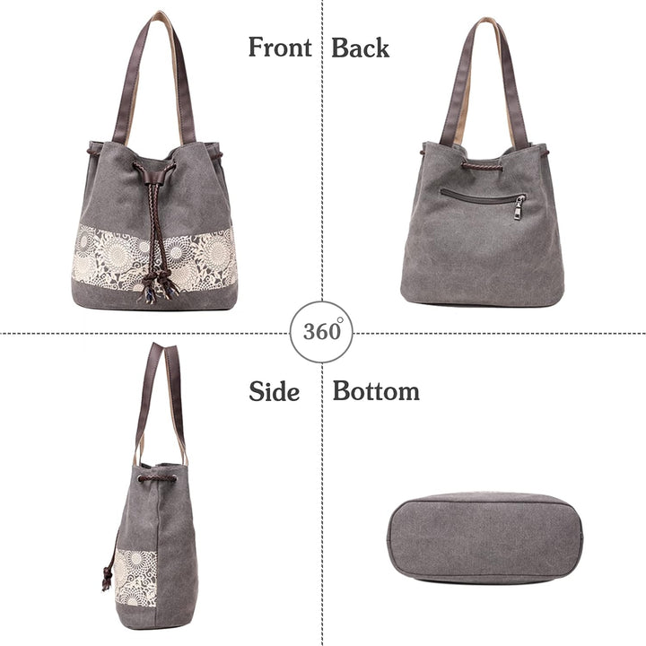 PORRASSO Damen Schultertasche Canvas Tote Umhängentasche Retro Kordelzug Beuteltasche Frauen Shopper