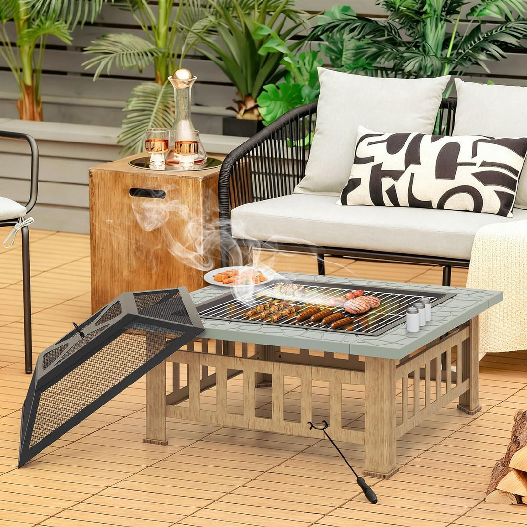 KOMFOTTEU Feuerschale Feuerkorb, Feuerstelle mit Grillrost & Decekl, Flammschale 81 x 81cm Outdoor,